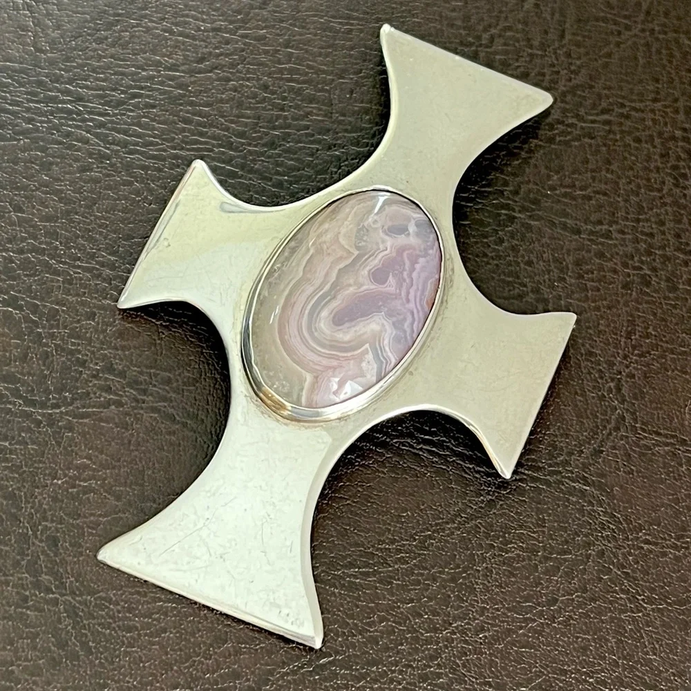 Large vintage sterling silver cross brooch pin with lace agate stone